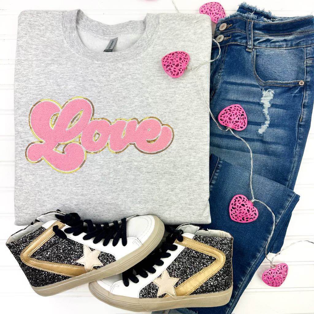 Womens - PREORDER: Chenille Patch Love Sweatshirt On Grey