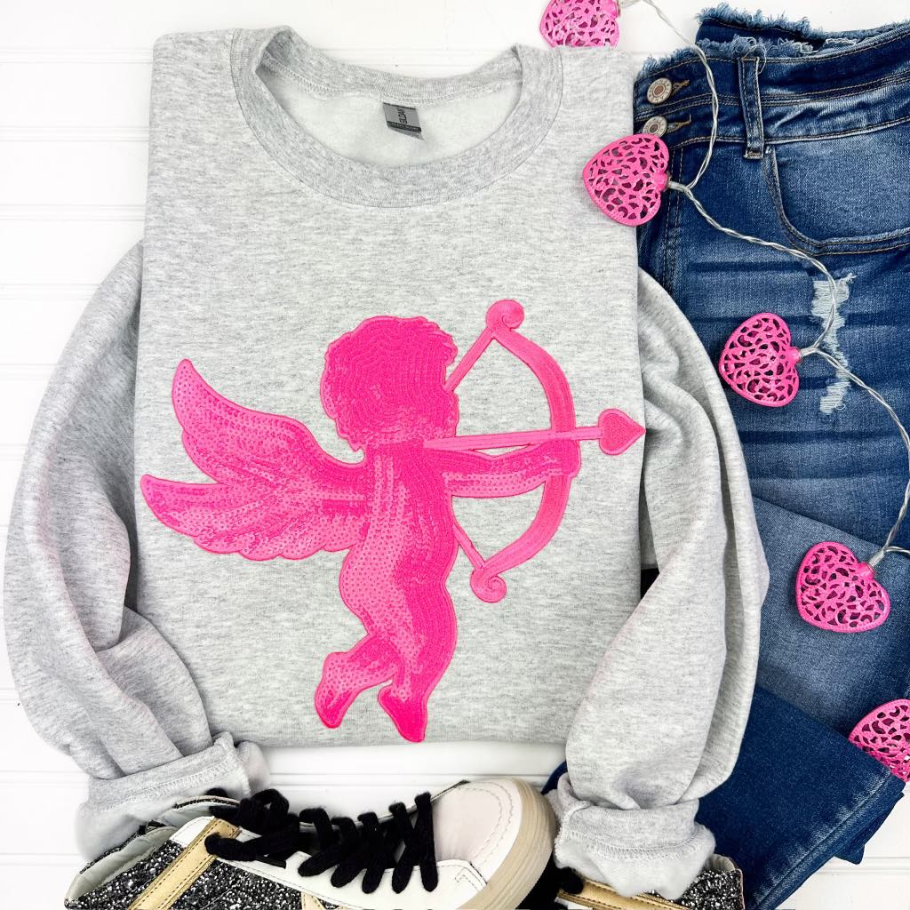 Womens - PREORDER: Sequin Patch Cupid Sweatshirt On Grey