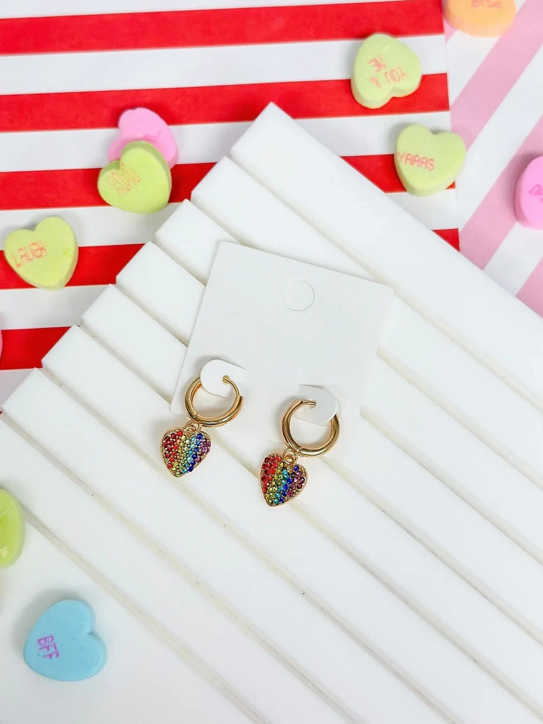 Womens - PREORDER: Rainbow Pave Heart Dangle Huggies