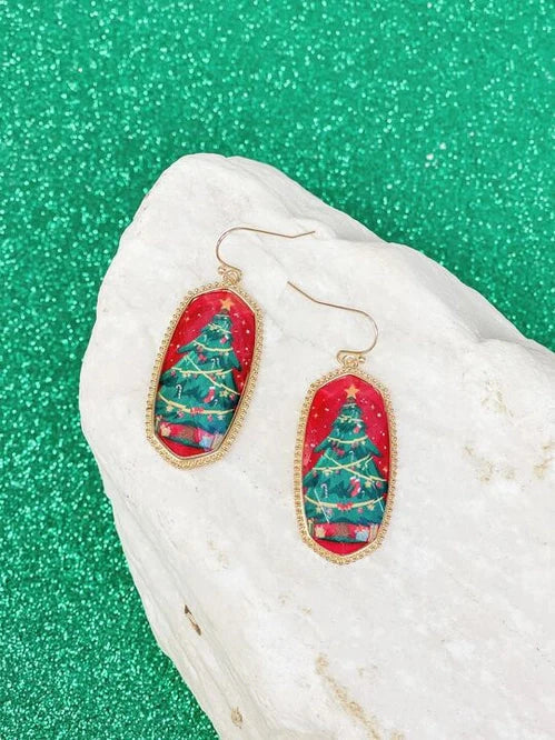 Womens - PREORDER: Christmas Tree Printed Dangle Earrings