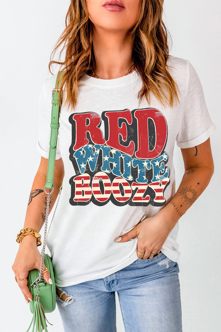 Red White and Boozy Graphic Round Neck Short Sleeve T-Shirt