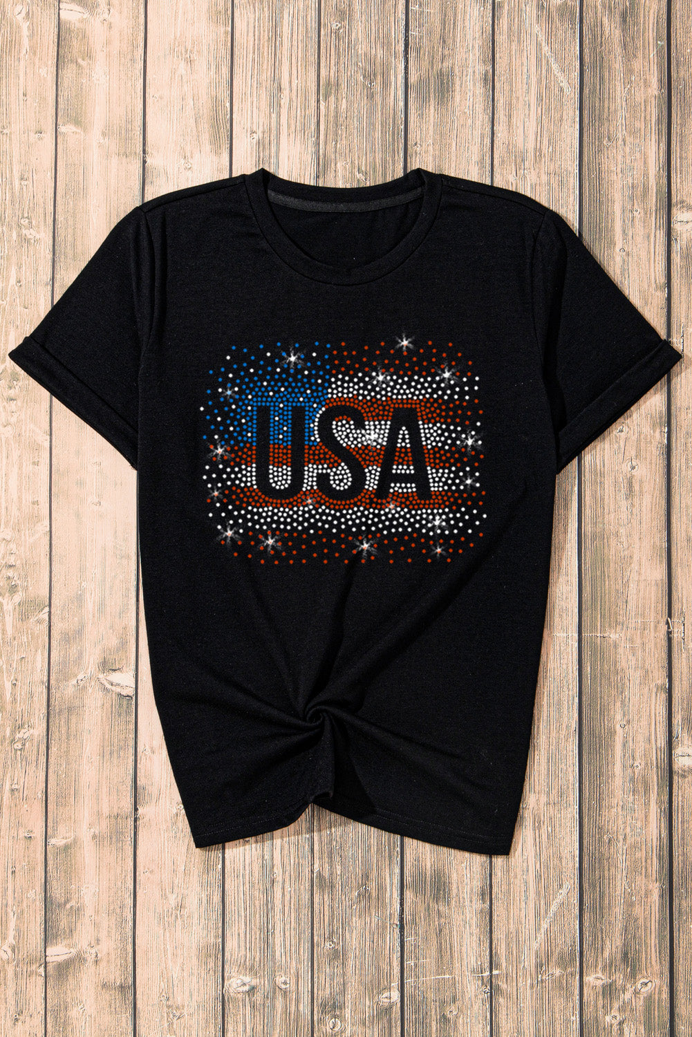 USA Rhinestone Round Neck Short Sleeve T-Shirt