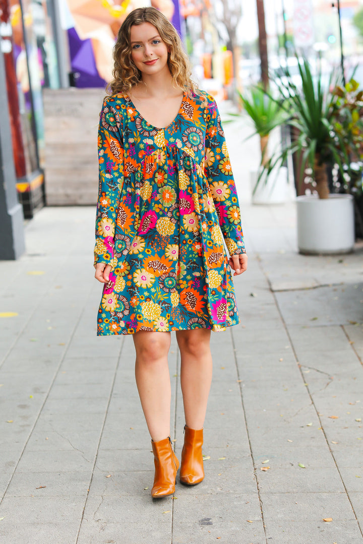 All About It Teal Vibrant Floral Pocketed Dress-Ever Joy