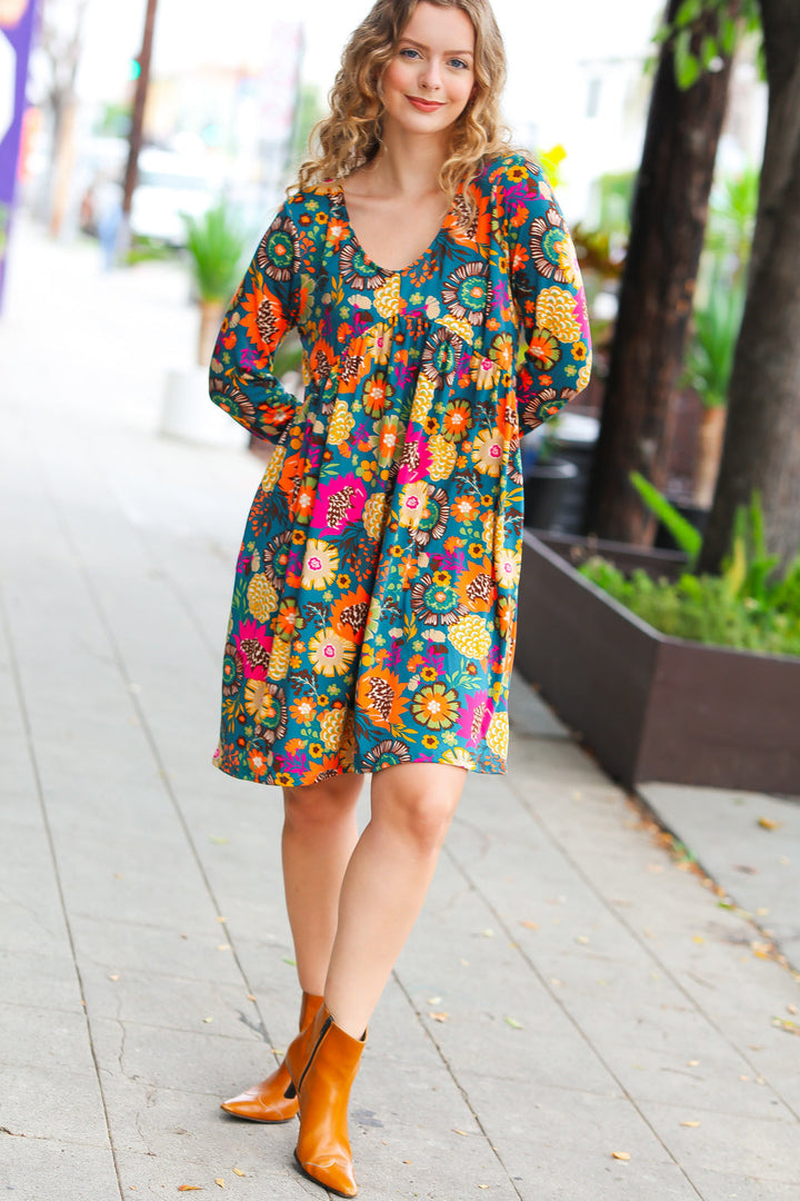 All About It Teal Vibrant Floral Pocketed Dress-Ever Joy