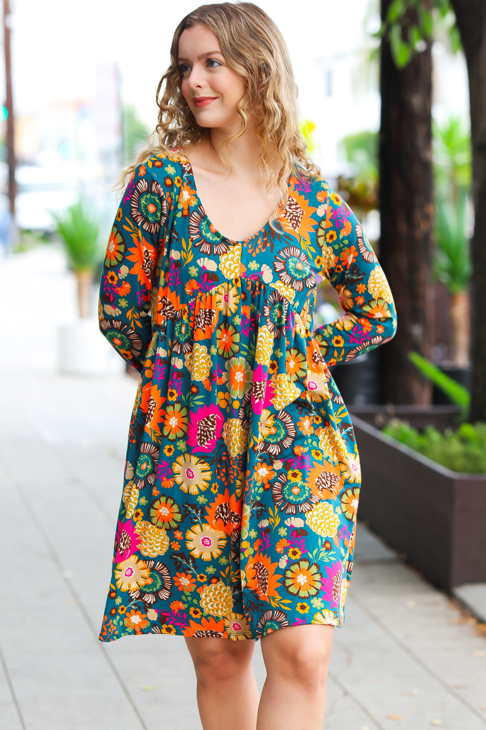 All About It Teal Vibrant Floral Pocketed Dress-Ever Joy
