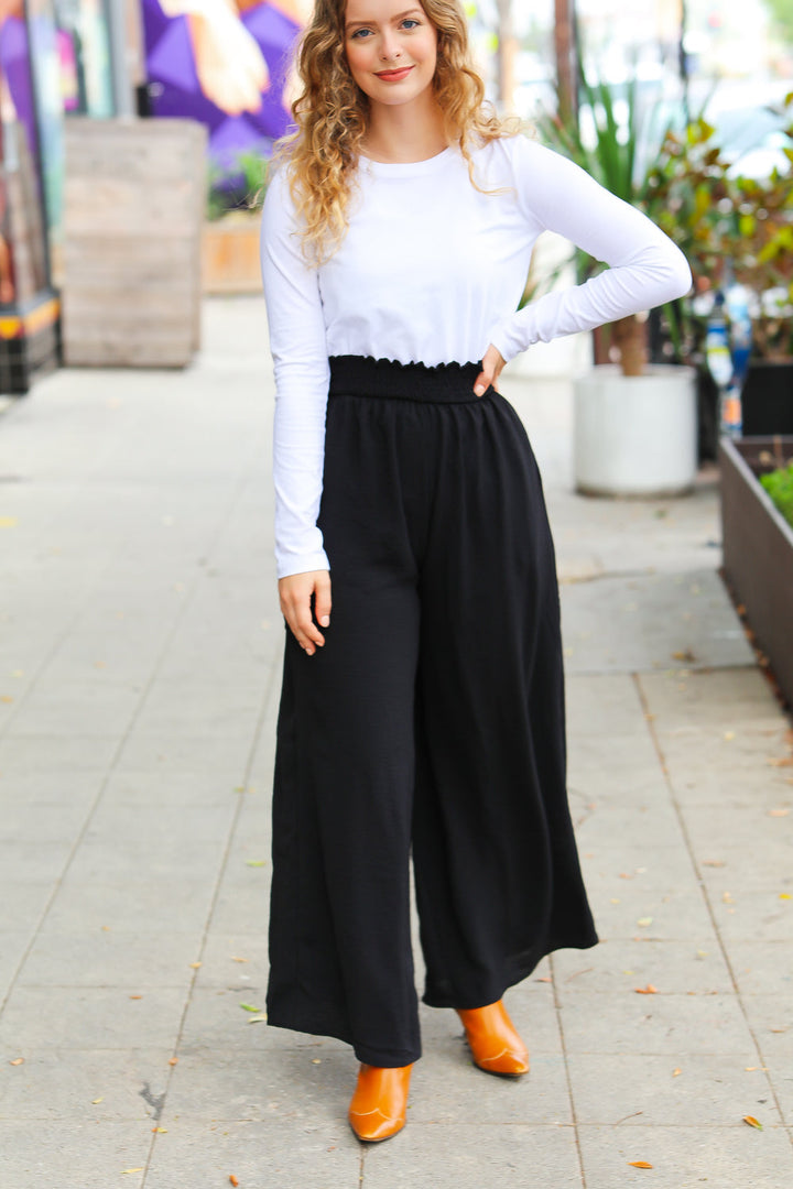 Relaxed Fun Black Smocked Waist Palazzo Pants