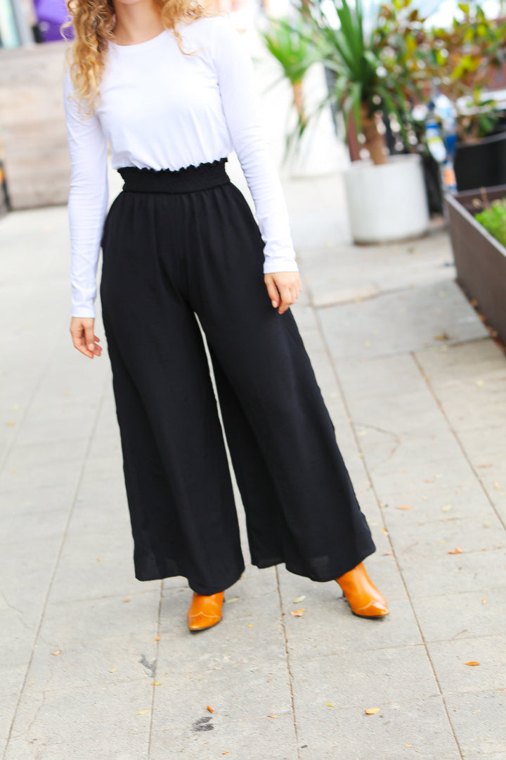 Relaxed Fun Black Smocked Waist Palazzo Pants