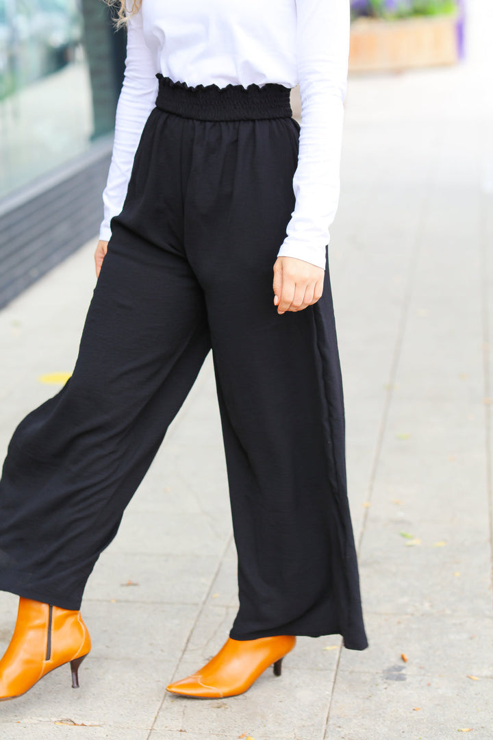 Relaxed Fun Black Smocked Waist Palazzo Pants