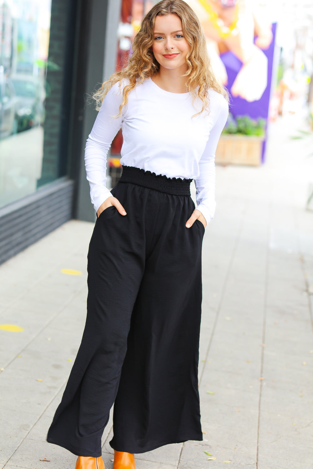 Relaxed Fun Black Smocked Waist Palazzo Pants