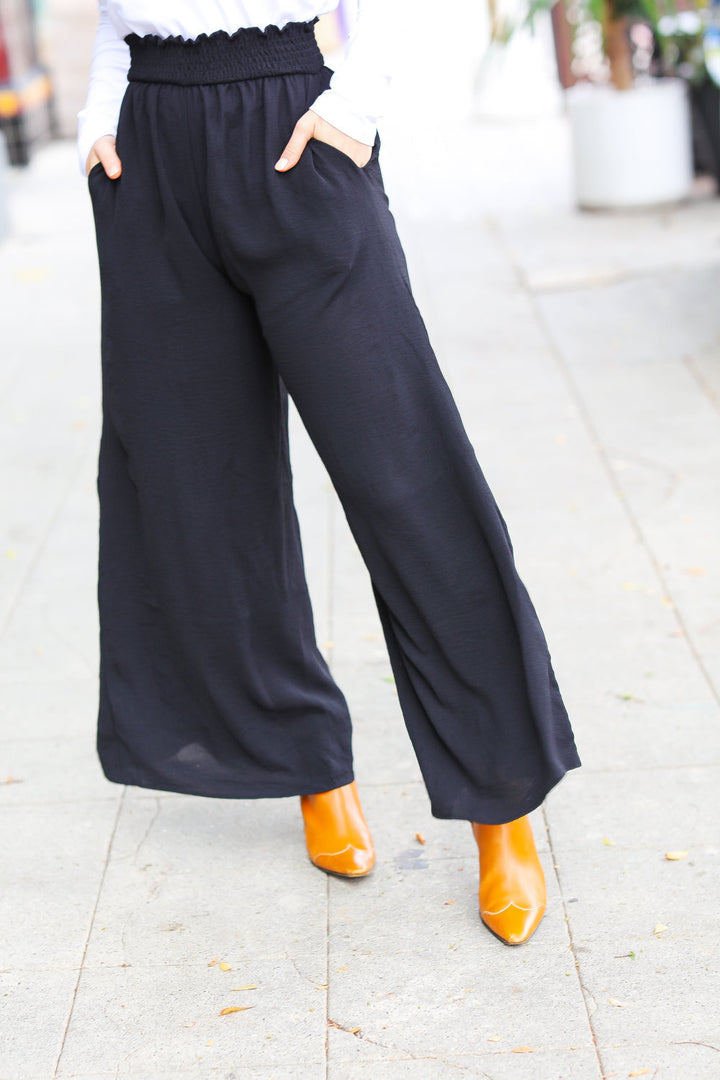 Relaxed Fun Black Smocked Waist Palazzo Pants