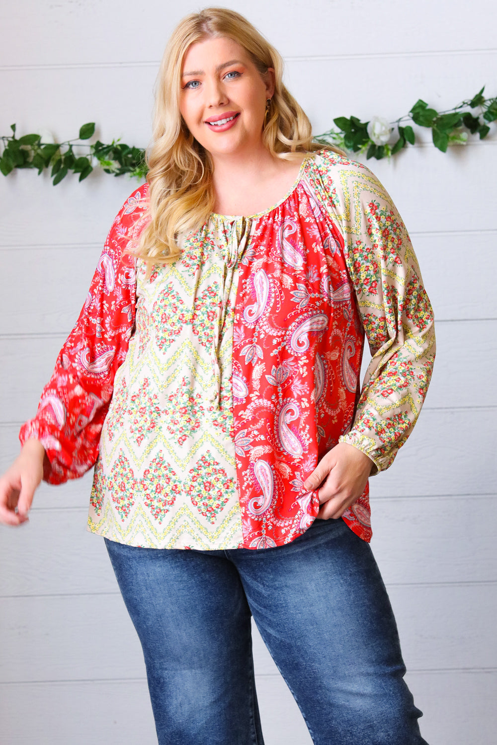 Scarlet Paisley And Floral Chevron Bubble Sleeve Top