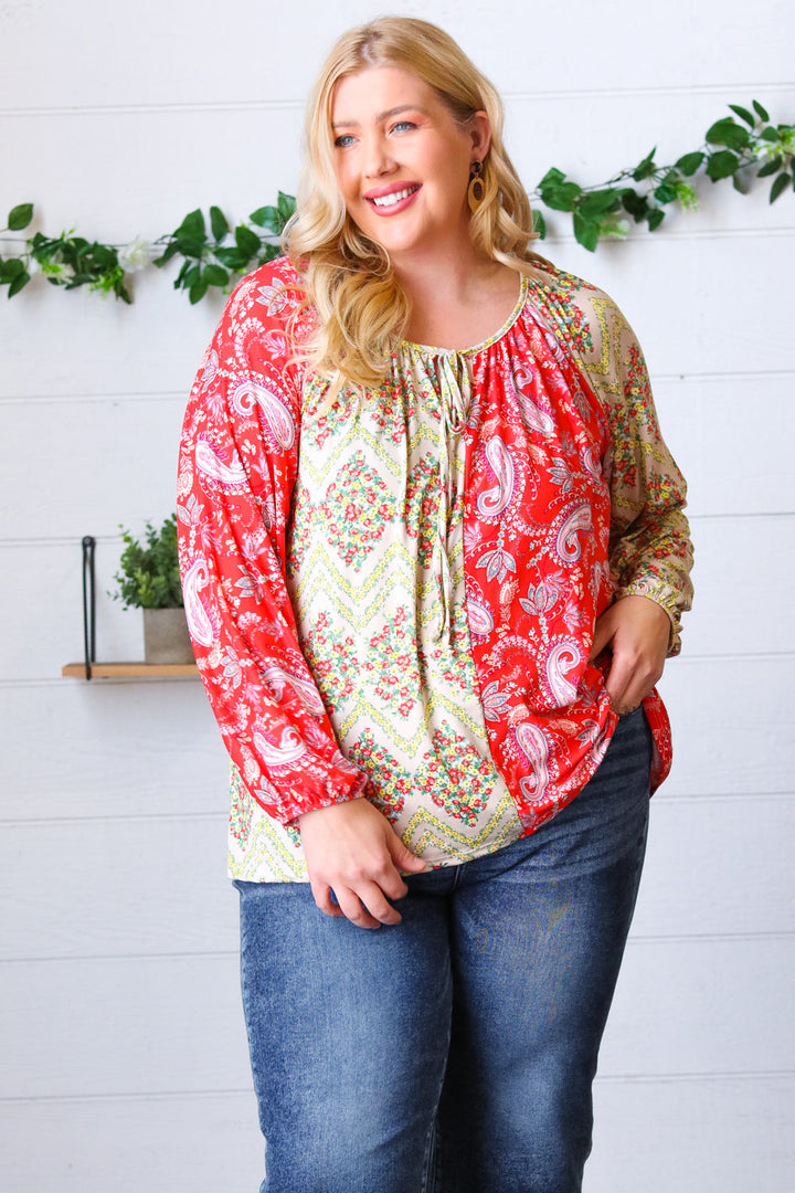 Scarlet Paisley And Floral Chevron Bubble Sleeve Top