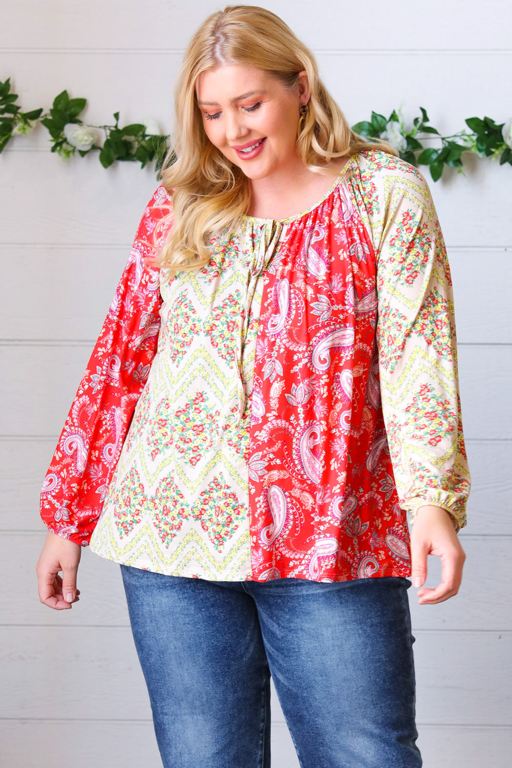 Scarlet Paisley And Floral Chevron Bubble Sleeve Top