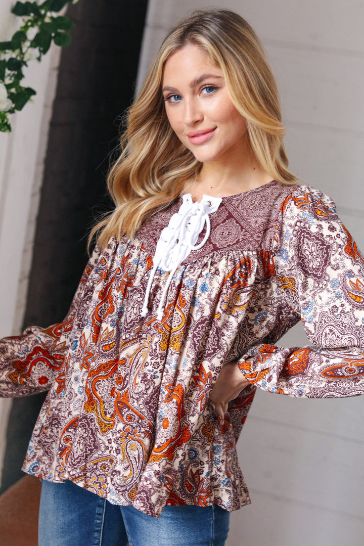 Cinnamon Boho Eyelet Lace Up Babydoll Blouse