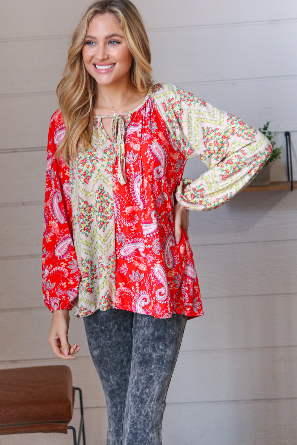 Scarlet Paisley And Floral Chevron Bubble Sleeve Top