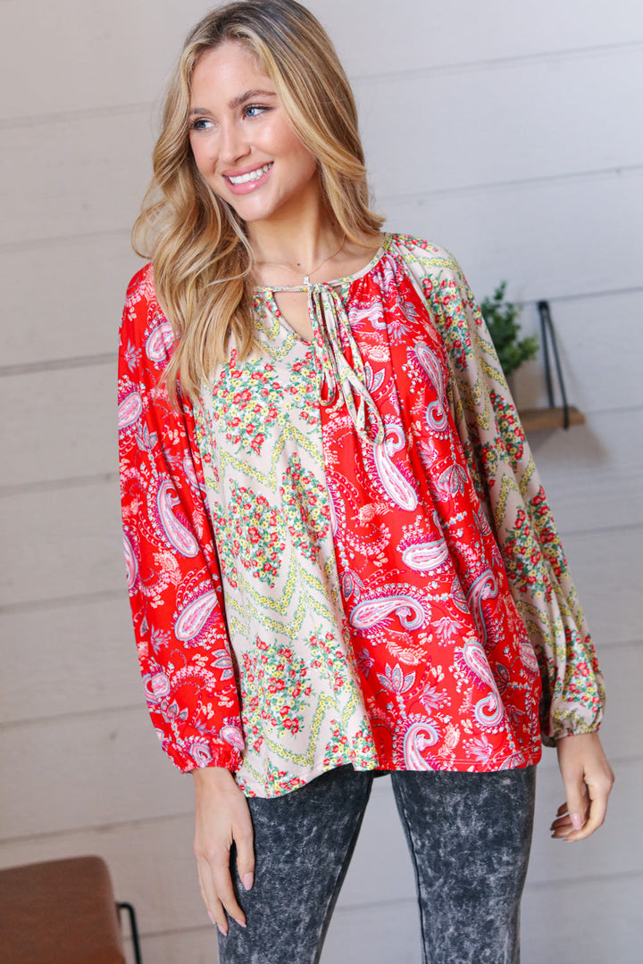 Scarlet Paisley And Floral Chevron Bubble Sleeve Top