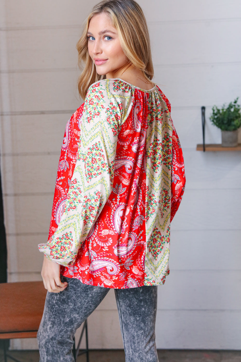 Scarlet Paisley And Floral Chevron Bubble Sleeve Top