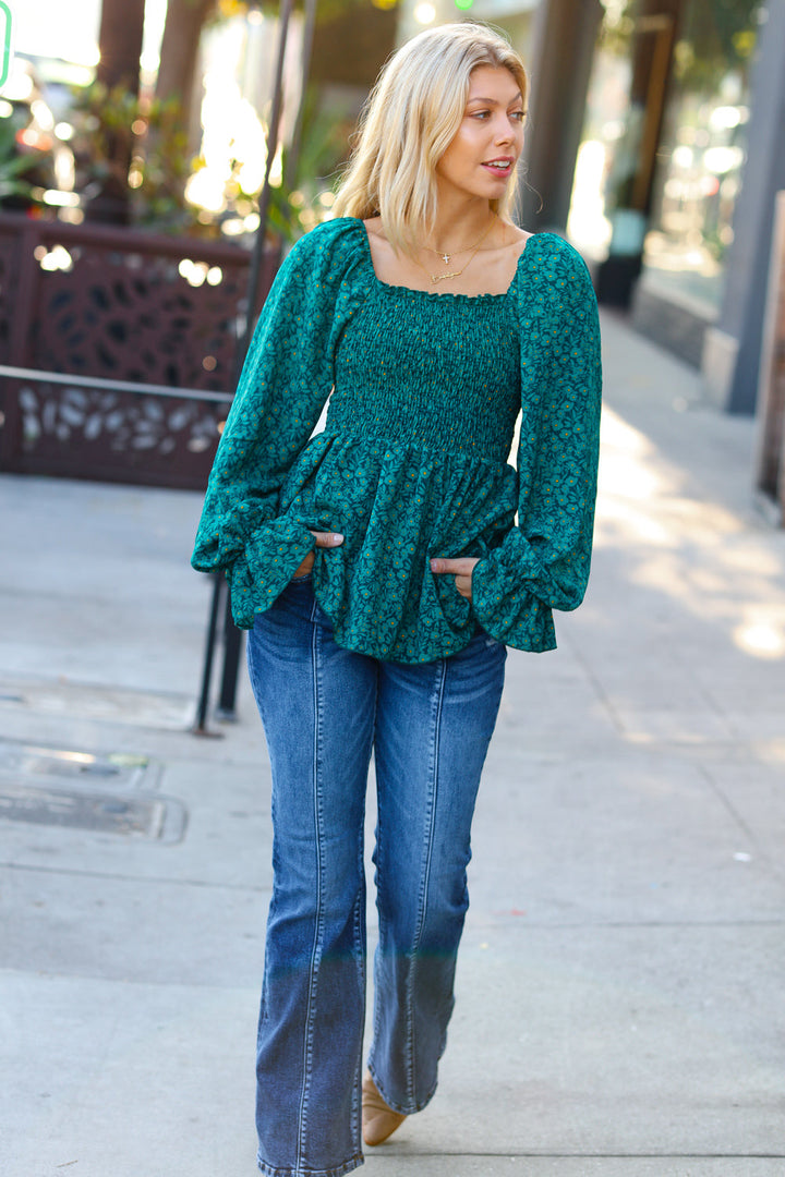 Always With You Teal Smocked Ditzy Floral Ruffle Top-Ever Joy