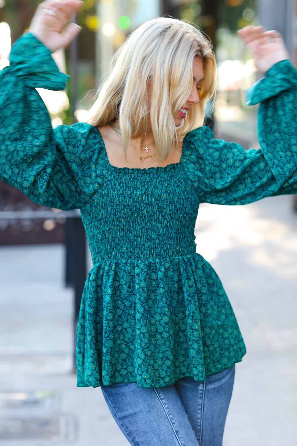 Always With You Teal Smocked Ditzy Floral Ruffle Top-Ever Joy