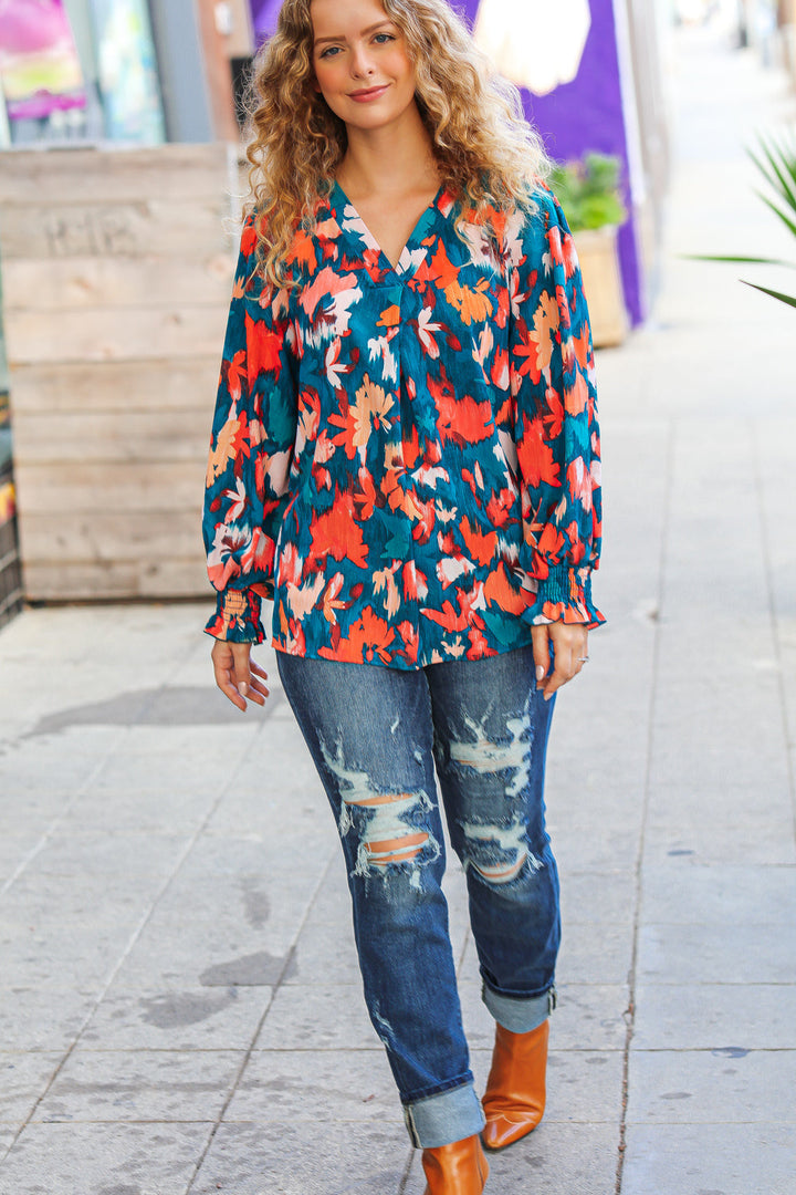 All I Ask Teal Floral Abstract Print V Neck Smocked Top-Ever Joy