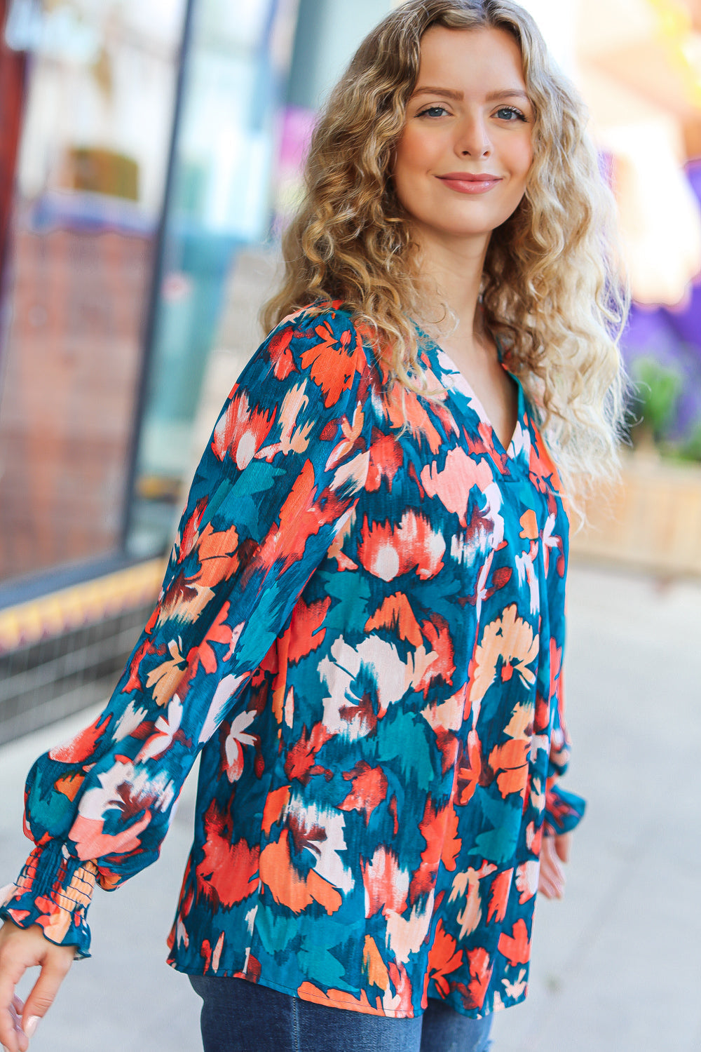 All I Ask Teal Floral Abstract Print V Neck Smocked Top-Ever Joy