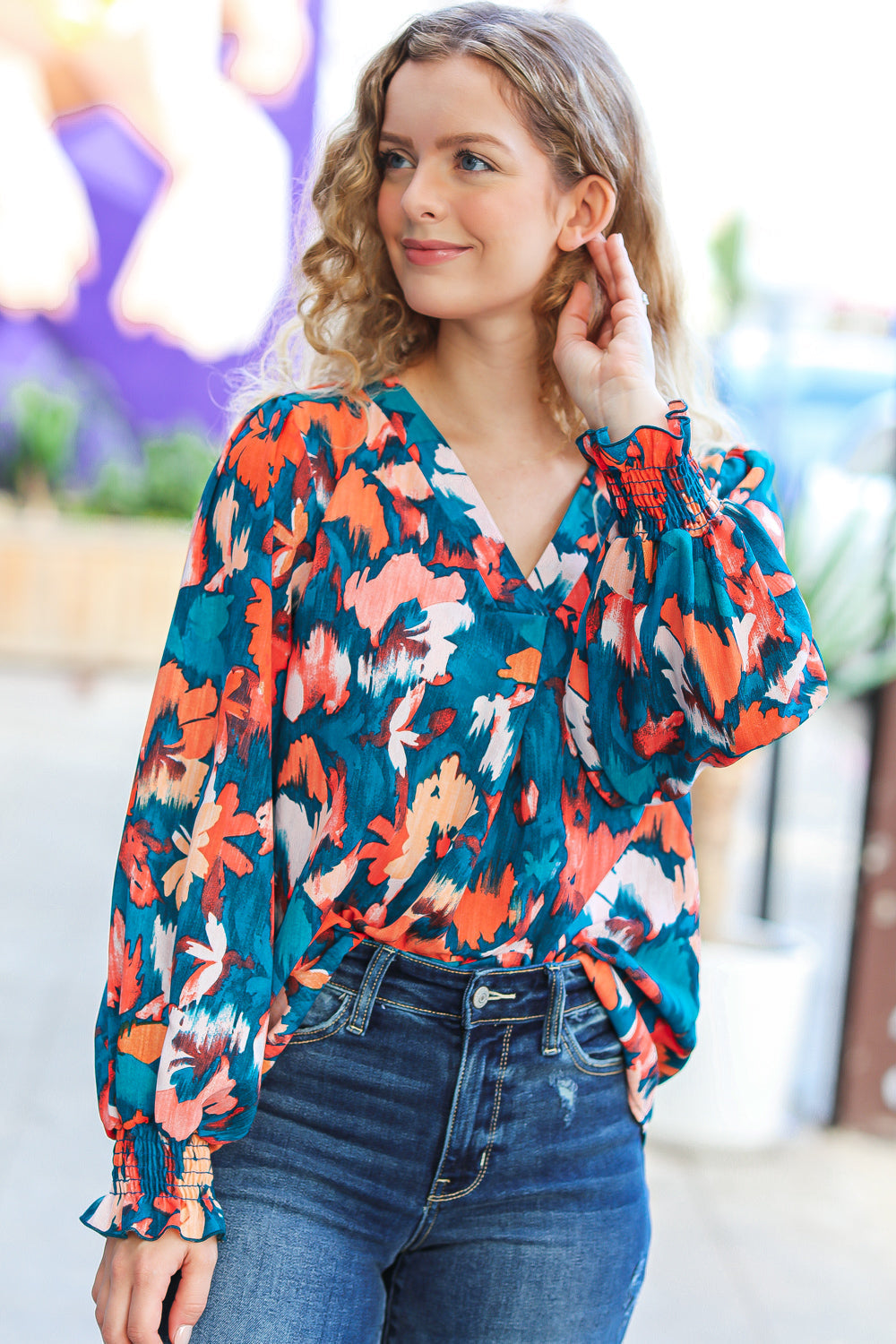 All I Ask Teal Floral Abstract Print V Neck Smocked Top-Ever Joy