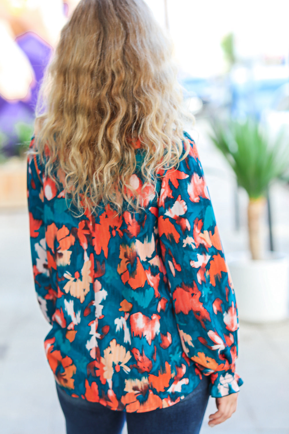 All I Ask Teal Floral Abstract Print V Neck Smocked Top-Ever Joy