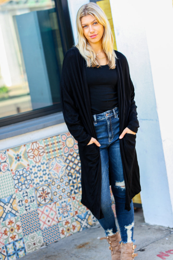 Over The Moon Black Hacci Midi Open Cardigan