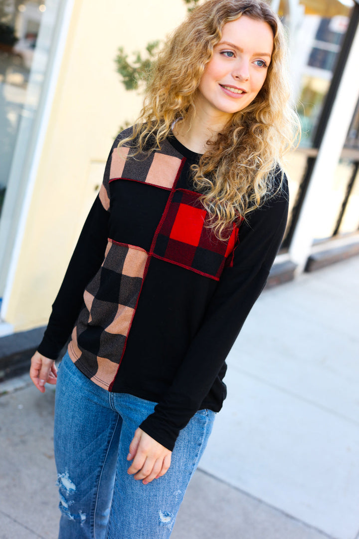 Run With It Red & Fawn Plaid Color Block Outseam Top