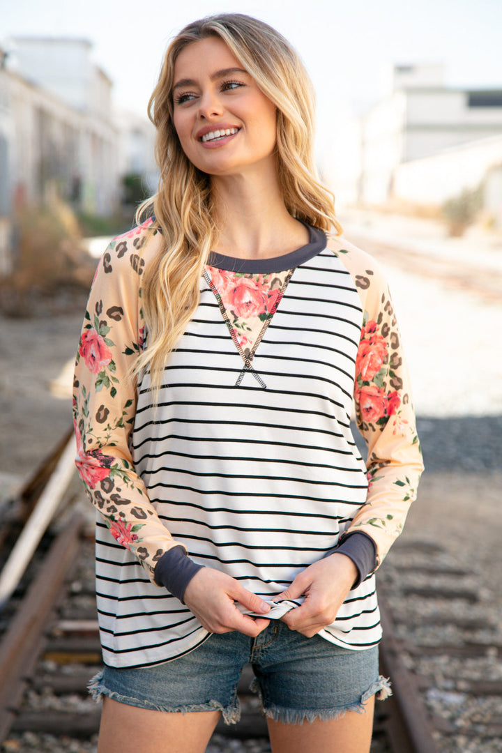 Stripe And Peach Leopard Floral Color Block Top