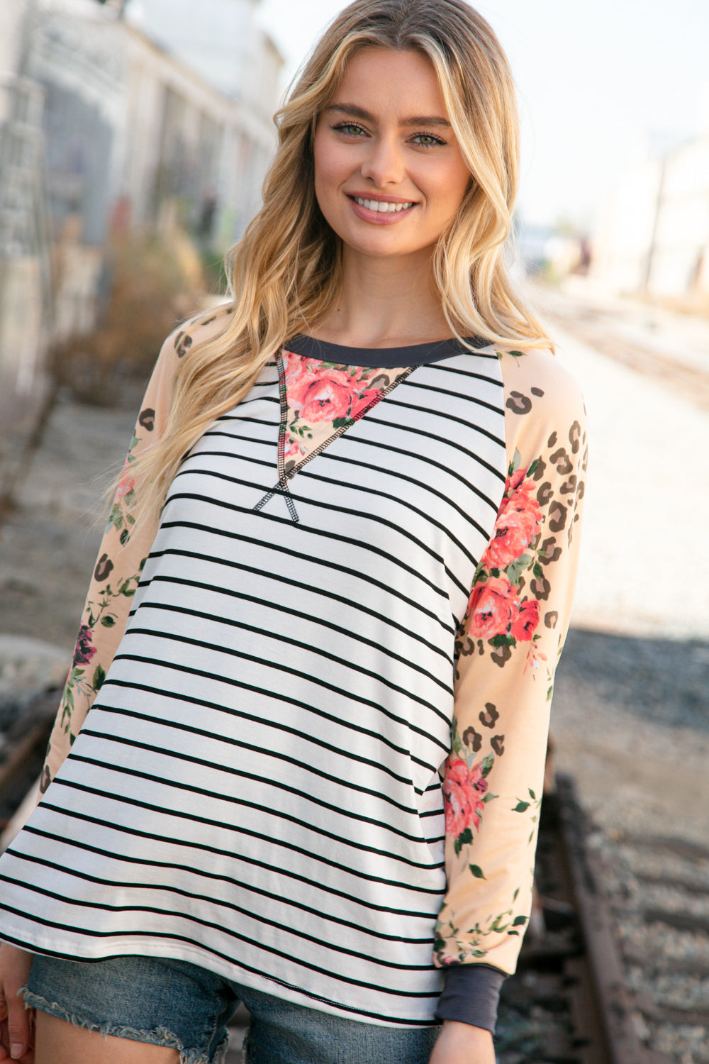 Stripe And Peach Leopard Floral Color Block Top