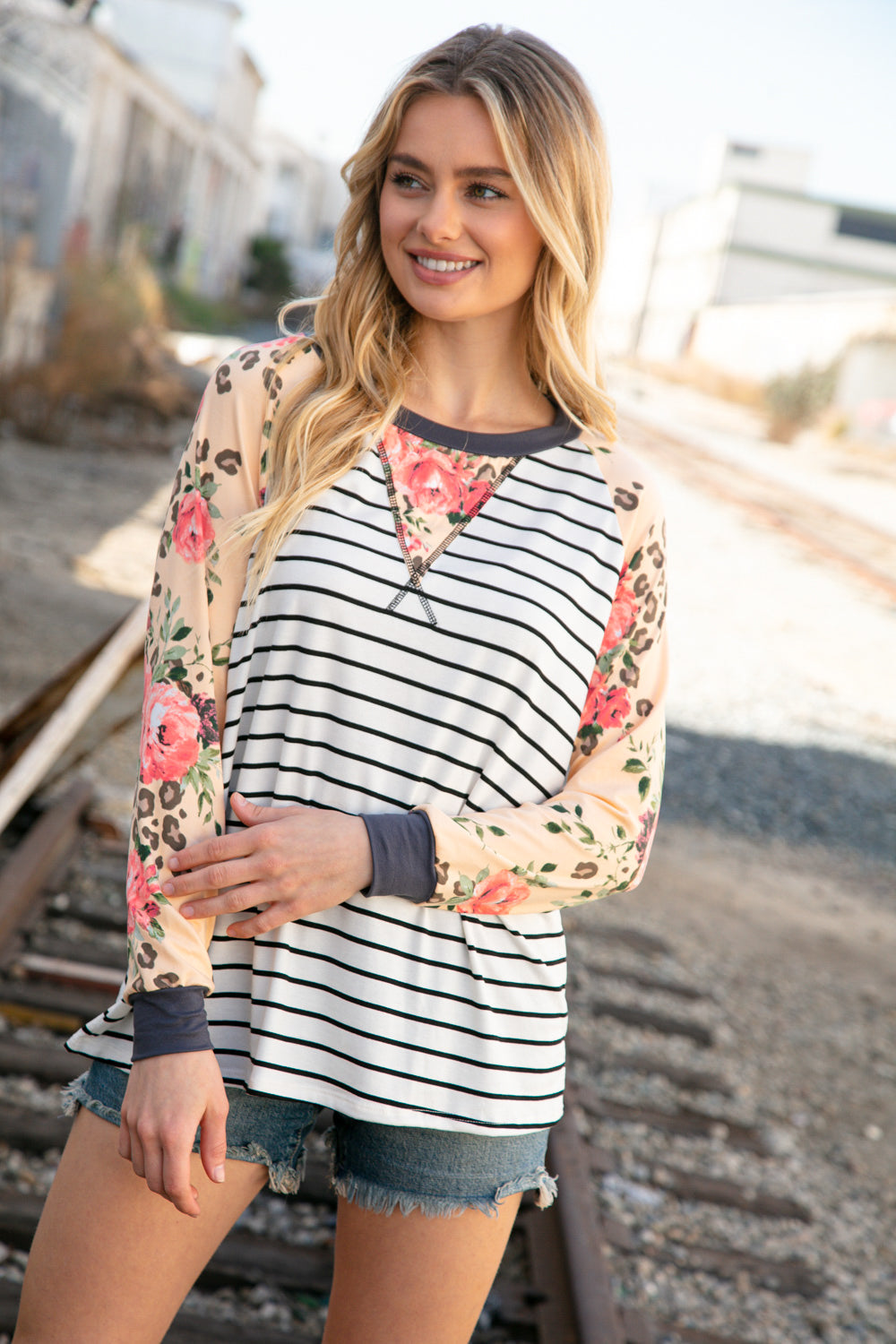 Stripe And Peach Leopard Floral Color Block Top