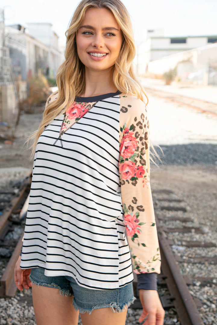 Stripe And Peach Leopard Floral Color Block Top