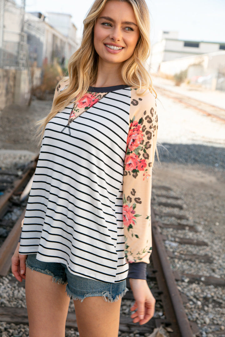 Stripe And Peach Leopard Floral Color Block Top