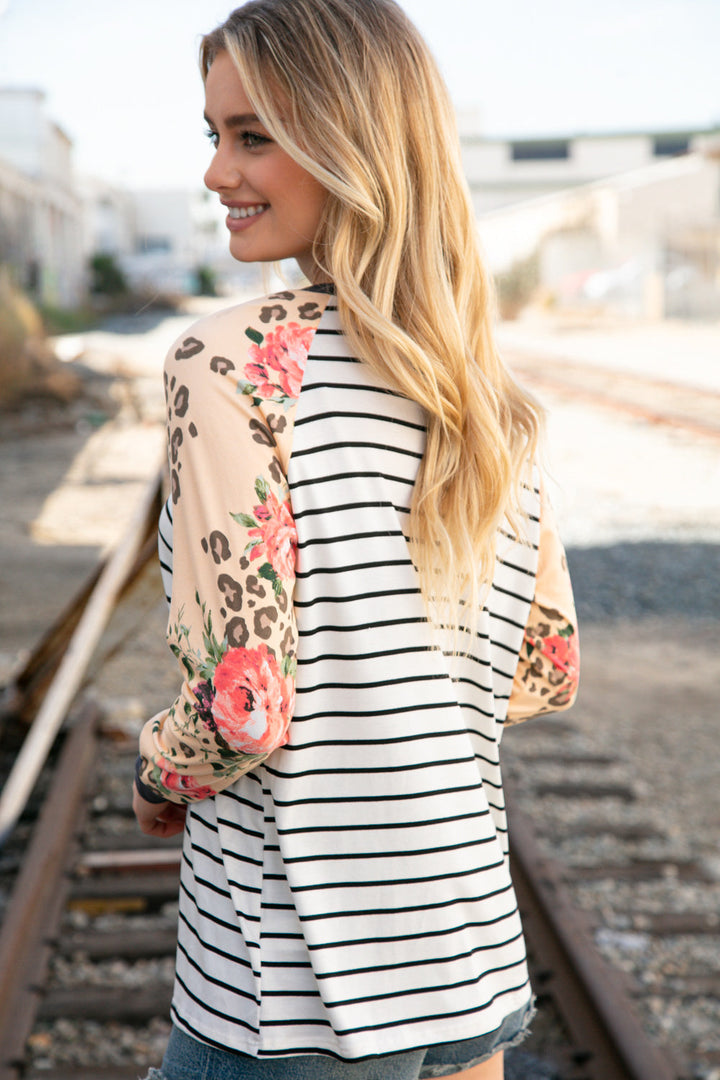 Stripe And Peach Leopard Floral Color Block Top