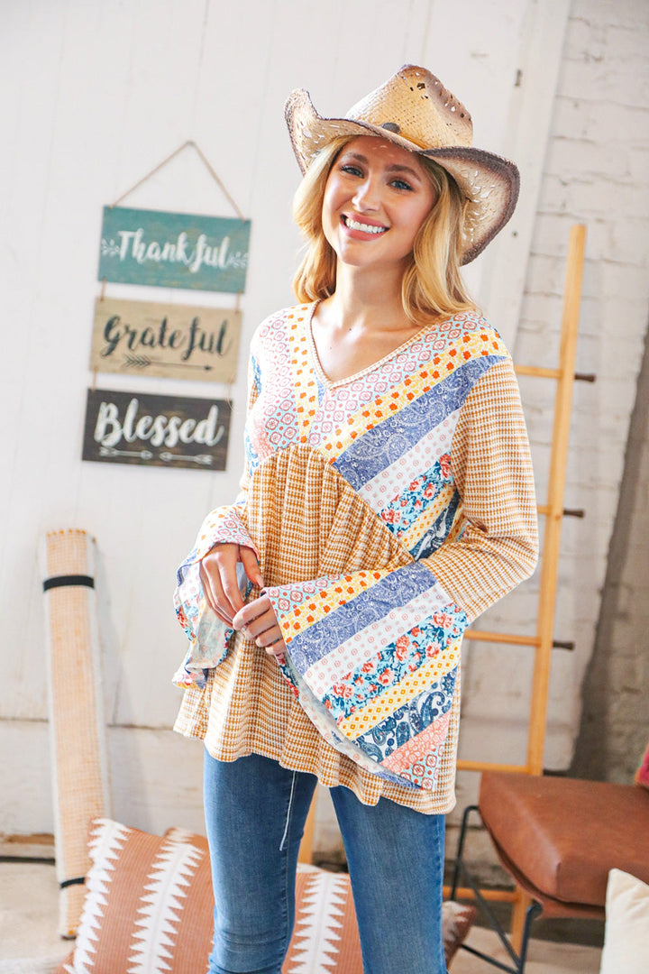 Mustard Ethnic Stripe Two Tone Bell Sleeve Knit Top