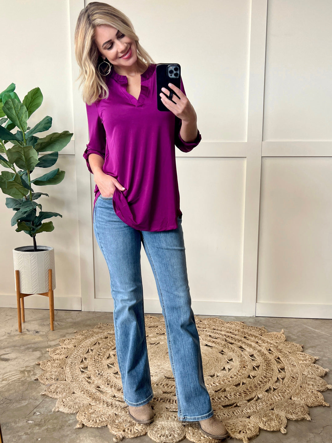 09.18 Gabby Front Top With Button Sleeve Detail In Bright Violet-Ever Joy