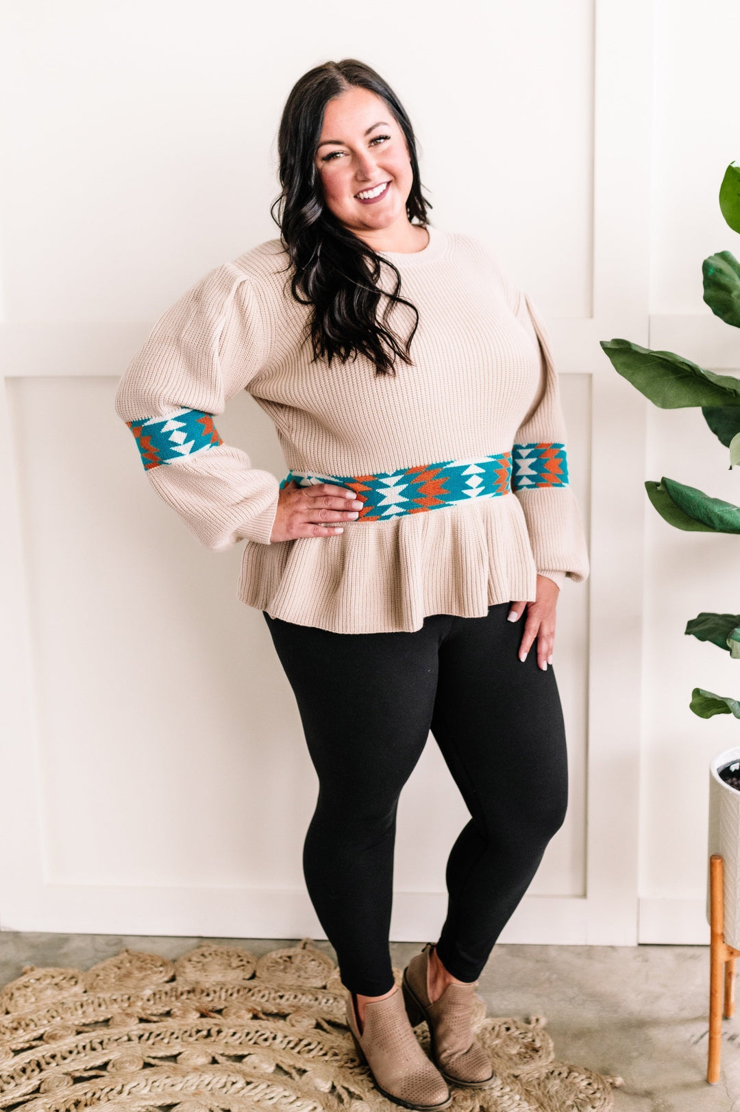 09.18 Long Sleeve Peplum Knit Sweater In Southwest Aztec-Ever Joy