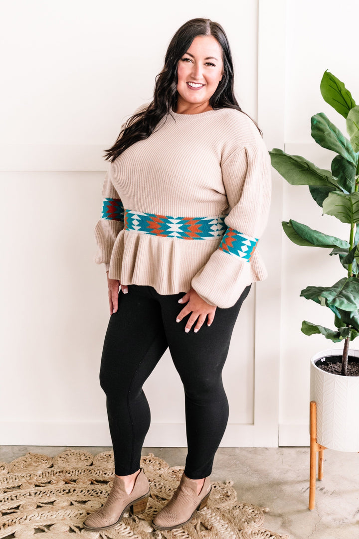 09.18 Long Sleeve Peplum Knit Sweater In Southwest Aztec-Ever Joy