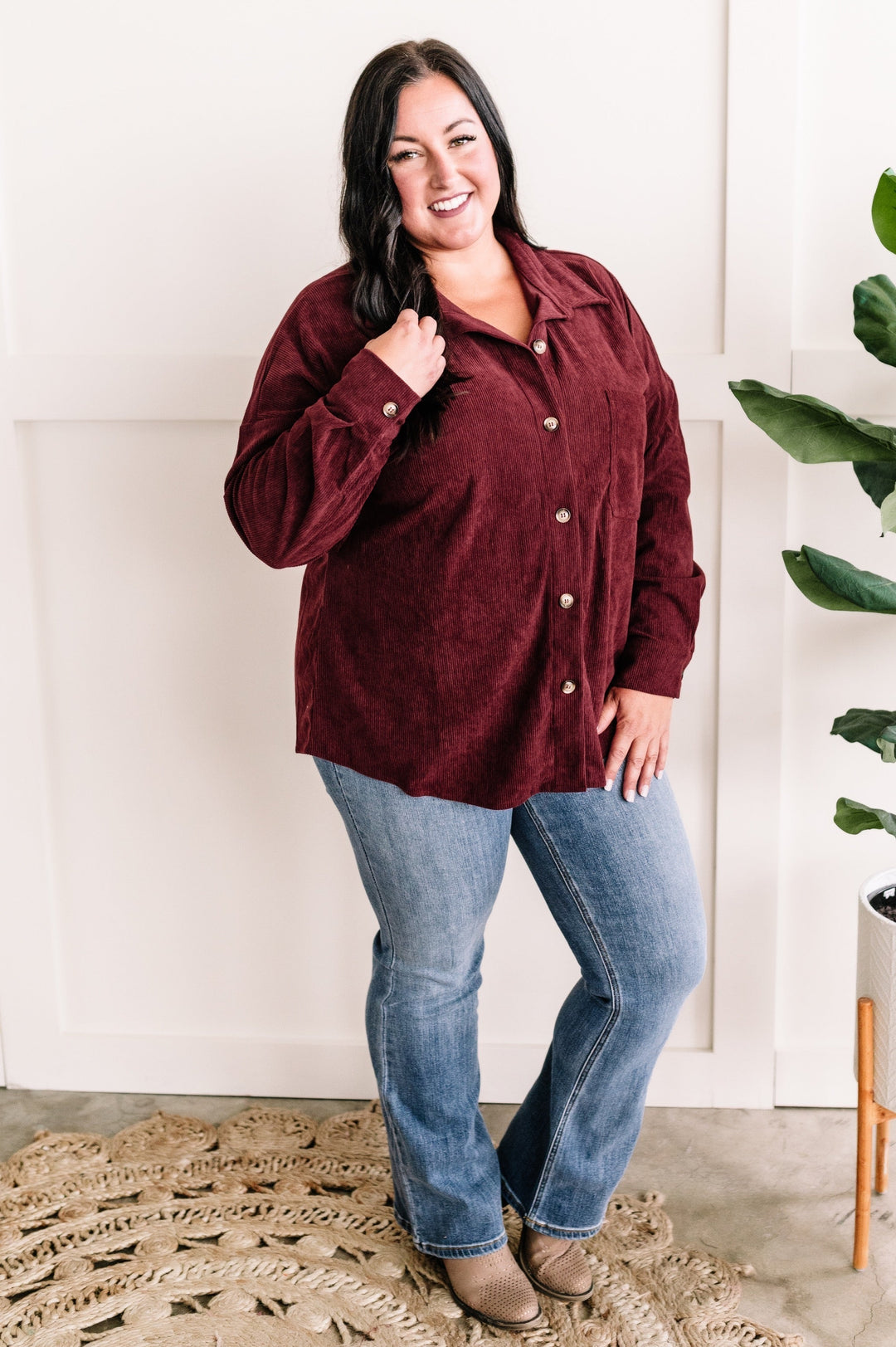 09.20 Long Sleeve Button Front Corduroy Top In Wine-Ever Joy