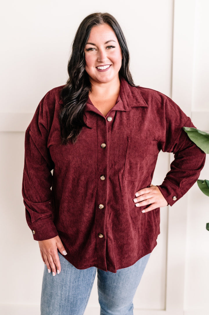 09.20 Long Sleeve Button Front Corduroy Top In Wine-Ever Joy