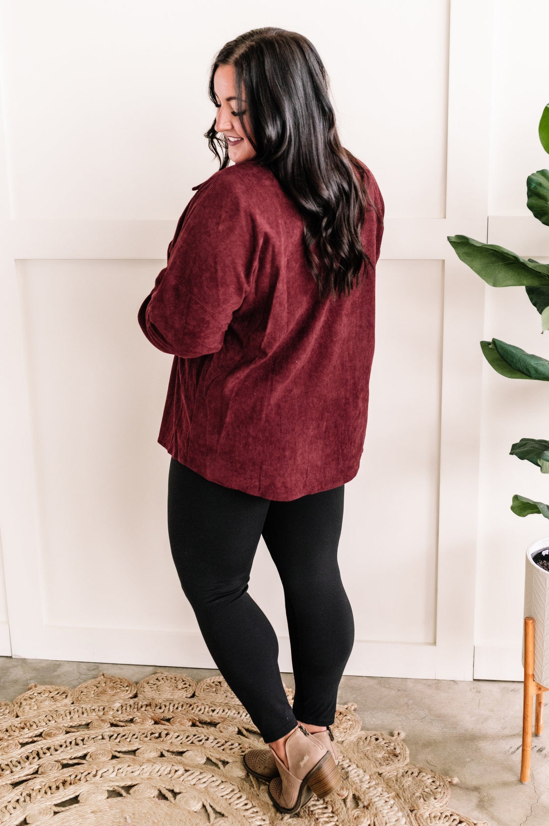 09.20 Long Sleeve Button Front Corduroy Top In Wine-Ever Joy