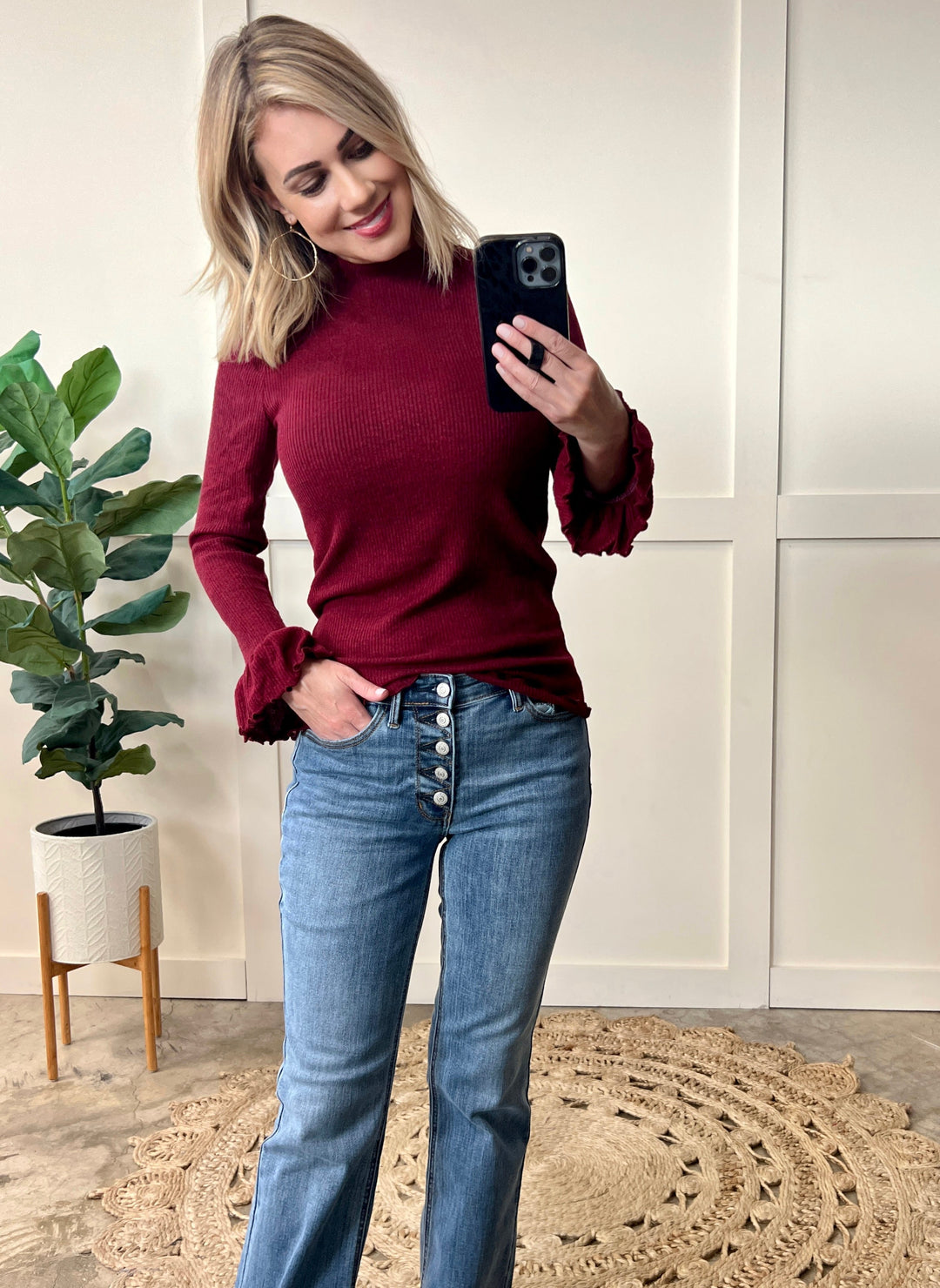 09.20 Mock Neck Bell Sleeve Knit Top In Heathered Burgundy-Ever Joy