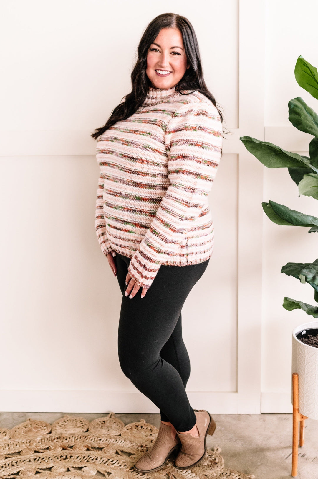 09.22 Mock Neck Knit Sweater In Multi Color Stripes-Ever Joy