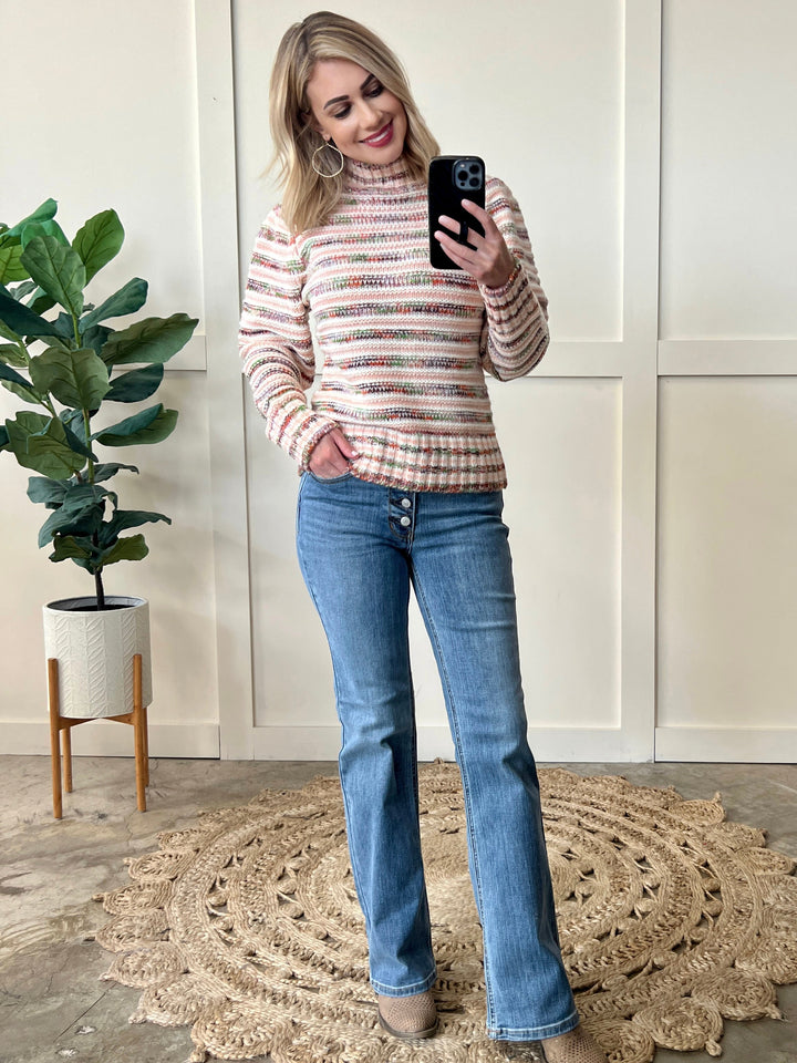 09.22 Mock Neck Knit Sweater In Multi Color Stripes-Ever Joy