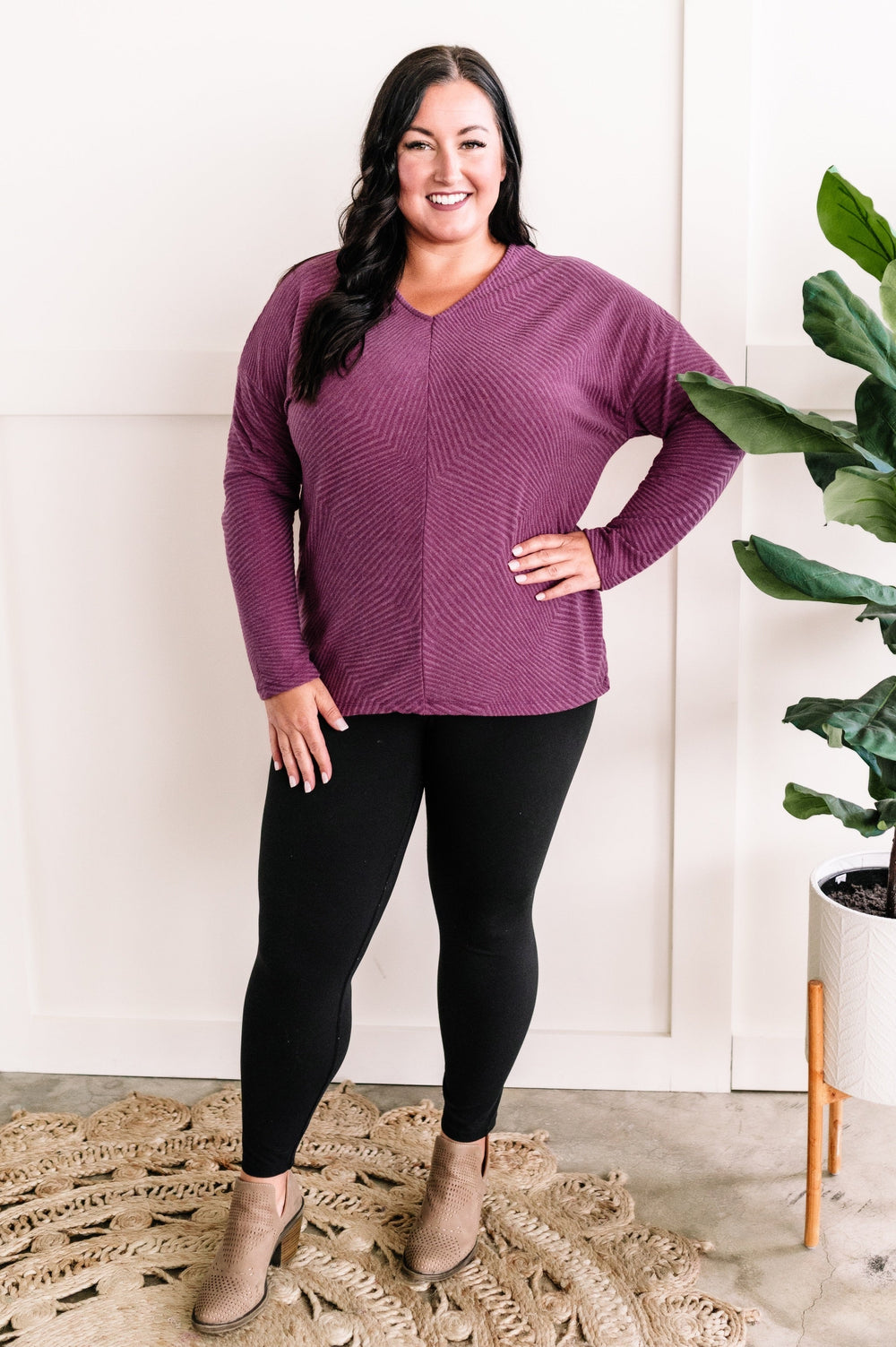 09.22 V Neck Drop Shoulder Knit Top In Textured Purple-Ever Joy