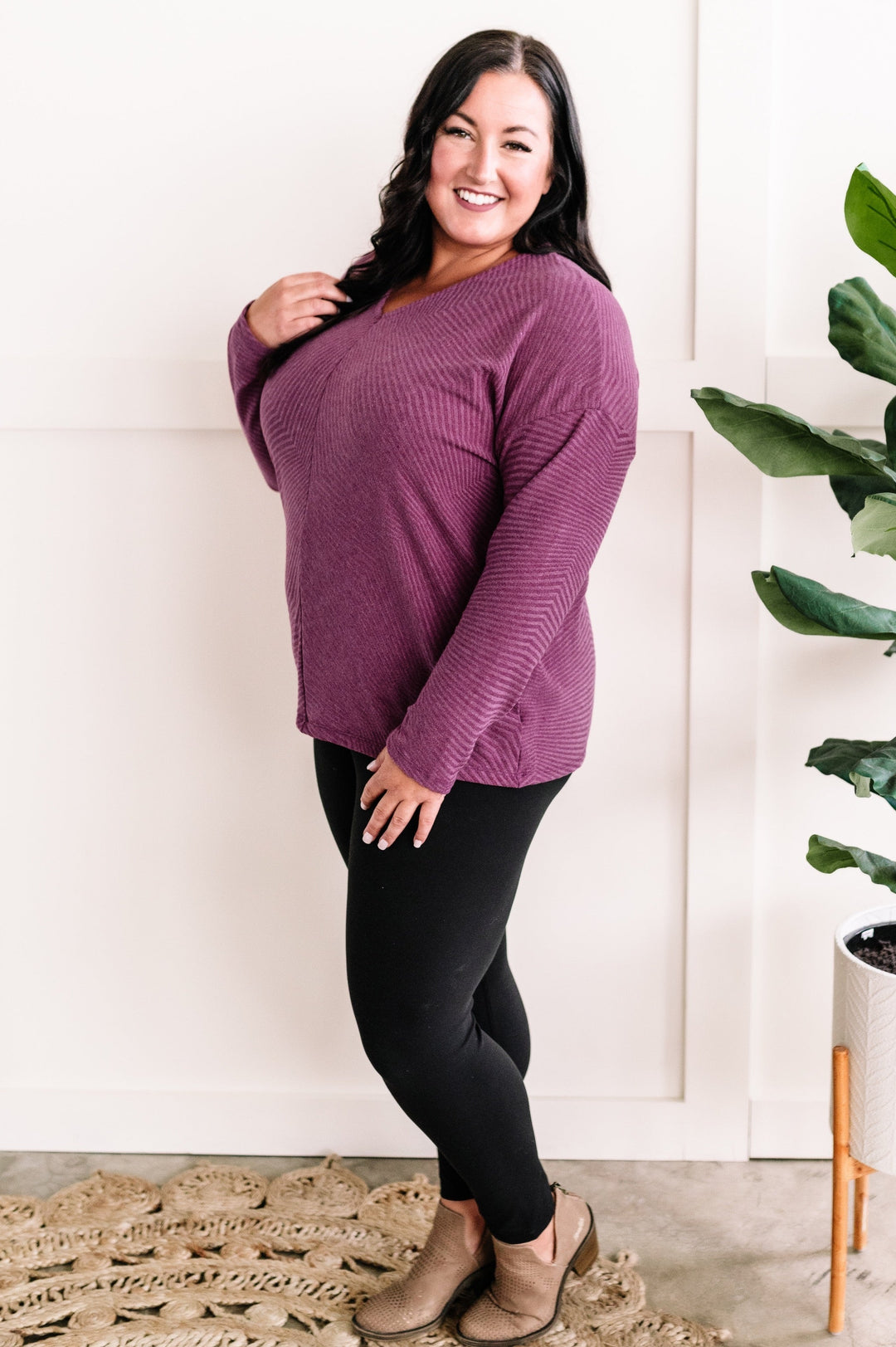 09.22 V Neck Drop Shoulder Knit Top In Textured Purple-Ever Joy