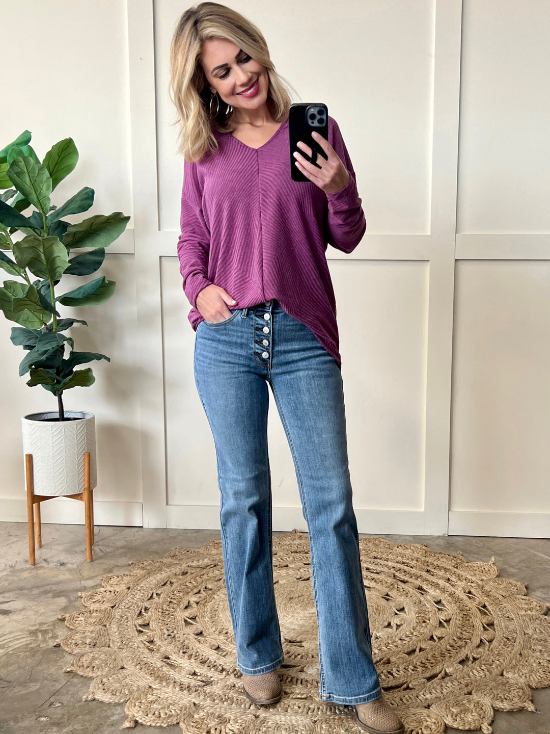 09.22 V Neck Drop Shoulder Knit Top In Textured Purple-Ever Joy