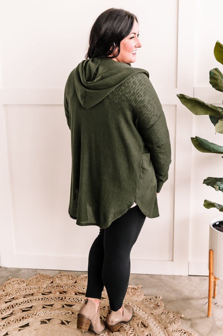 09.22 Waffle Knit Hooded Cardigan With Pockets In Olive-Ever Joy