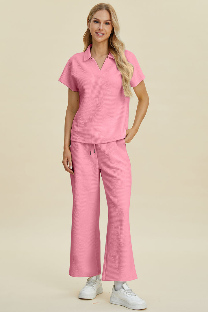 Double Take Full Size Collared Neck Short Sleeve Top and Pants Set